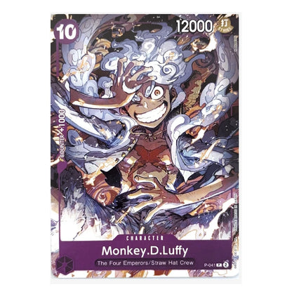 A collectible trading card featuring Monkey D. Luffy from One Piece, with illustrated artwork of the character surrounded by straw hats and blue energy effects.