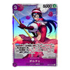 A Japanese character trading card featuring Pollice from the anime Doraemon, with a holographic silver border and a purple base. The card shows Pollice in a red and white outfit holding a sword, with Japanese text and game stats.