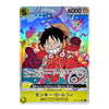 A holographic anime trading card featuring Monkey D. Luffy from One Piece, with a bright multicolor background and a yellow character panel at the bottom.