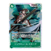 A single trading card featuring an illustrated character in a wide-brimmed hat and coat holding a large pole, with Japanese text and game-style stats including 7000 and a 6 in the corners. The card has a green lower section and a holographic iridescent border.