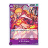 A single collectible trading card featuring illustrated anime-style artwork of a fiery-haired female character in a red and purple outfit, with Japanese text and game-style counters visible on the card.