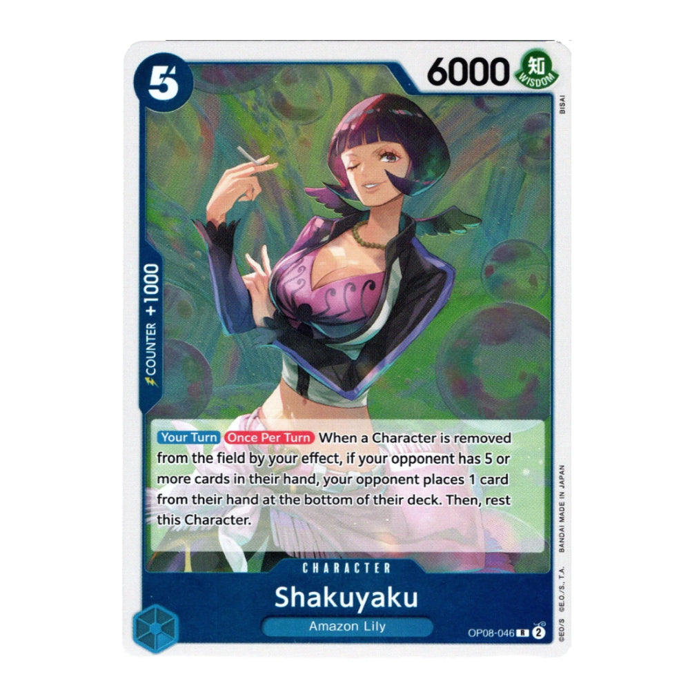 A single trading card featuring the character Shakuyaku, Amazon Lily, with illustrated artwork of a woman in a purple outfit against a green and blue abstract background. The card has a white border, blue header and footer, a counter of 5, a power of 6000, and text boxes for game effects.