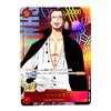 A holographic anime trading card featuring the character Shanks from One Piece, with a gold foil border and colorful background graphics.