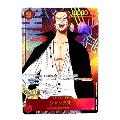 A holographic anime trading card featuring the character Shanks from One Piece, with a gold foil border and colorful background graphics.