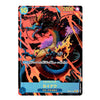 A collectible trading card featuring a stylized blue dragon with fiery orange and yellow flames against a dark background. The card has Japanese text, a blue bottom banner, and game-style counters in the top corners.