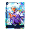A collectible character trading card featuring an illustrated anime-style figure in a purple coat and white hair, with Japanese text and game-style status markers around the border.