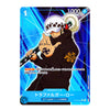 A Japanese anime trading card featuring the character Trafalgar Law from One Piece, with a blue holographic background and character details printed on the card.