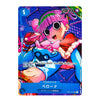 A colorful character trading card featuring an anime-style girl with pink hair and sunglasses, wearing a blue outfit, with Japanese text and game-style counters on a white background.