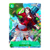 A character trading card featuring a woman in a red top and white skirt standing on a green ship, with Japanese text and game-style stats including '1000' and '特'.