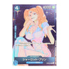 A character trading card featuring an anime-style illustration of a woman with orange hair in a pink and blue outfit against a starry purple background. The card includes Japanese text, a blue border, and game-style counters at the top.