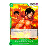 A Japanese anime trading card featuring Portgas D. Ace from One Piece, with a green border, 5000 power, and dynamic artwork of the character in front of a fiery background.