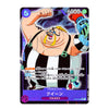 A single illustrated trading card featuring a cartoon character with a large muscular torso, black-and-white striped shirt, and purple text bands, photographed against a plain white background.