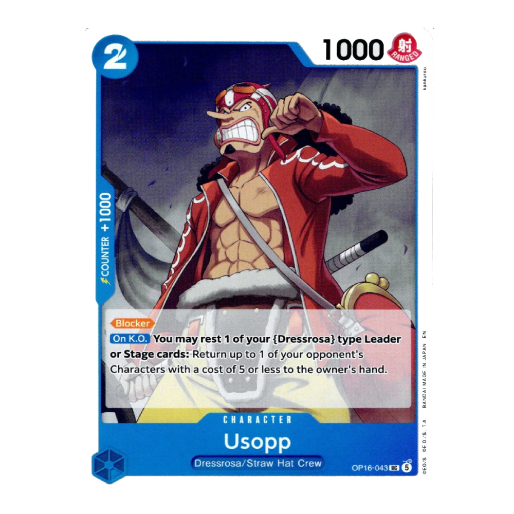 A single trading card featuring the character Usopp from One Piece, with a blue border, character art, and game text. The card is photographed straight-on against a plain white background.