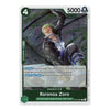 A single collectible trading card featuring the character Roronoa Zoro from One Piece, with illustrated artwork of him wielding swords and a green border. The card includes game text boxes and a 5000 energy cost at the top.