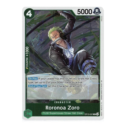 A single collectible trading card featuring the character Roronoa Zoro from One Piece, with illustrated artwork of him wielding swords and a green border. The card includes game text boxes and a 5000 energy cost at the top.
