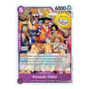 A single illustrated trading card featuring the character Kouzuki Oden from One Piece, with colorful artwork, game text, and card borders on a plain light background.