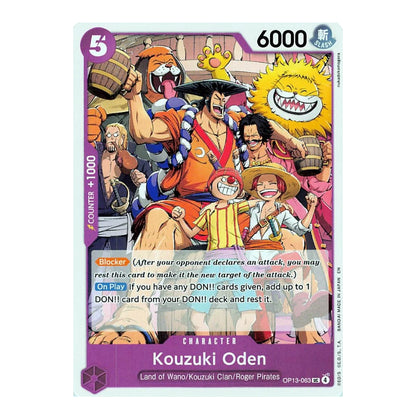 A single illustrated trading card featuring the character Kouzuki Oden from One Piece, with colorful artwork, game text, and card borders on a plain light background.