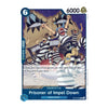 A single trading card featuring illustrated prisoners in striped uniforms falling into a hole, with the card name 'Prisoner of Impel Down' and game text visible on a white background.