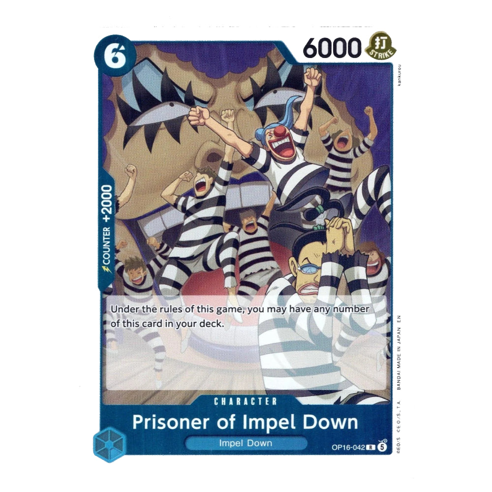 A single trading card featuring illustrated prisoners in striped uniforms falling into a hole, with the card name 'Prisoner of Impel Down' and game text visible on a white background.