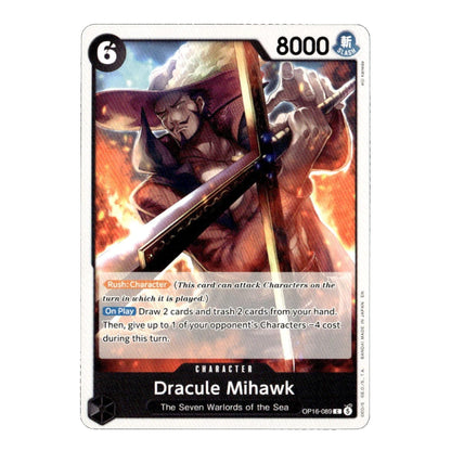 A Dracule Mihawk trading card from the Yu-Gi-Oh! TCG, featuring character artwork and game text, with a white border and blue card frame.