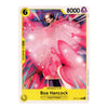 A collectible character card featuring Boa Hancock from Kuja Pirates, with a pink and yellow design, 8000 power, and a 6 cost, shown on a plain white background.