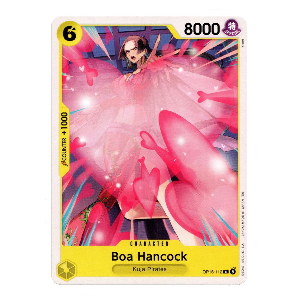 A collectible character card featuring Boa Hancock from Kuja Pirates, with a pink and yellow design, 8000 power, and a 6 cost, shown on a plain white background.