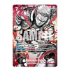 A single trading card featuring an illustrated anime character in black, white, and red artwork, with text boxes and game-related stats printed on the card. The card is centered on a plain white background.