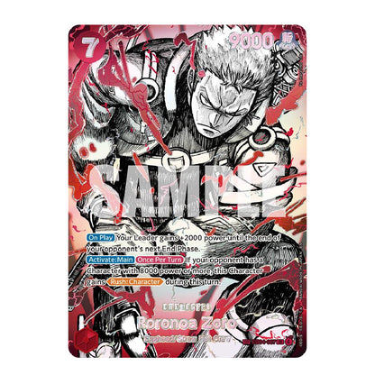A single trading card featuring an illustrated anime character in black, white, and red artwork, with text boxes and game-related stats printed on the card. The card is centered on a plain white background.