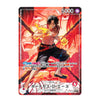 A collectible anime trading card featuring Portgas D. Ace from One Piece, with a red and black background and character artwork in the center.
