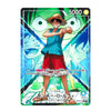 A single illustrated trading card featuring the character Monkey D. Luffy from One Piece, with a blue and green anime-style background, Japanese text, and a 5000 power value shown at the top.