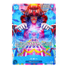 A colorful character trading card featuring a clown-like figure with red-and-white striped hat and blue hair, with Japanese text and game-style counters on a white background.