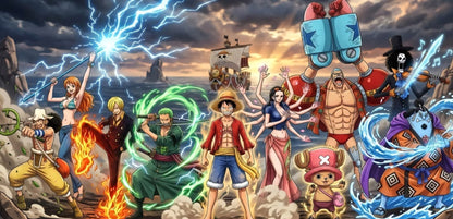 A colorful anime-style group illustration featuring multiple characters standing together on a rocky beach with ocean, storm clouds, lightning, fire, and water effects. No visible product brand text or logo is present.