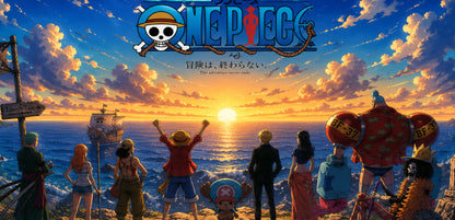 One Piece anime artwork showing a group of characters standing on a cliff overlooking the ocean at sunset, with the One Piece logo at the top and a ship visible in the sea.
