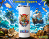 White tumbler sipper featuring Luffy, Zoro, Sanji and the Straw Hat crew with a pirate ship, ocean waves and tropical island background.