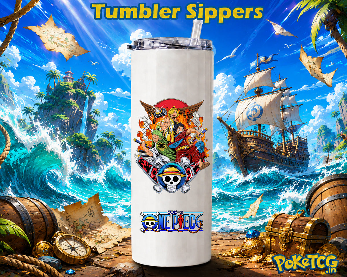 White tumbler sipper featuring Luffy, Zoro, Sanji and the Straw Hat crew with a pirate ship, ocean waves and tropical island background.