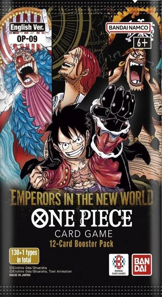 One Piece TCG OP-09 Emperors in The New World Booster Pack (English Version) with rare pirate cards, collectible artwork, and strategic battle cards.