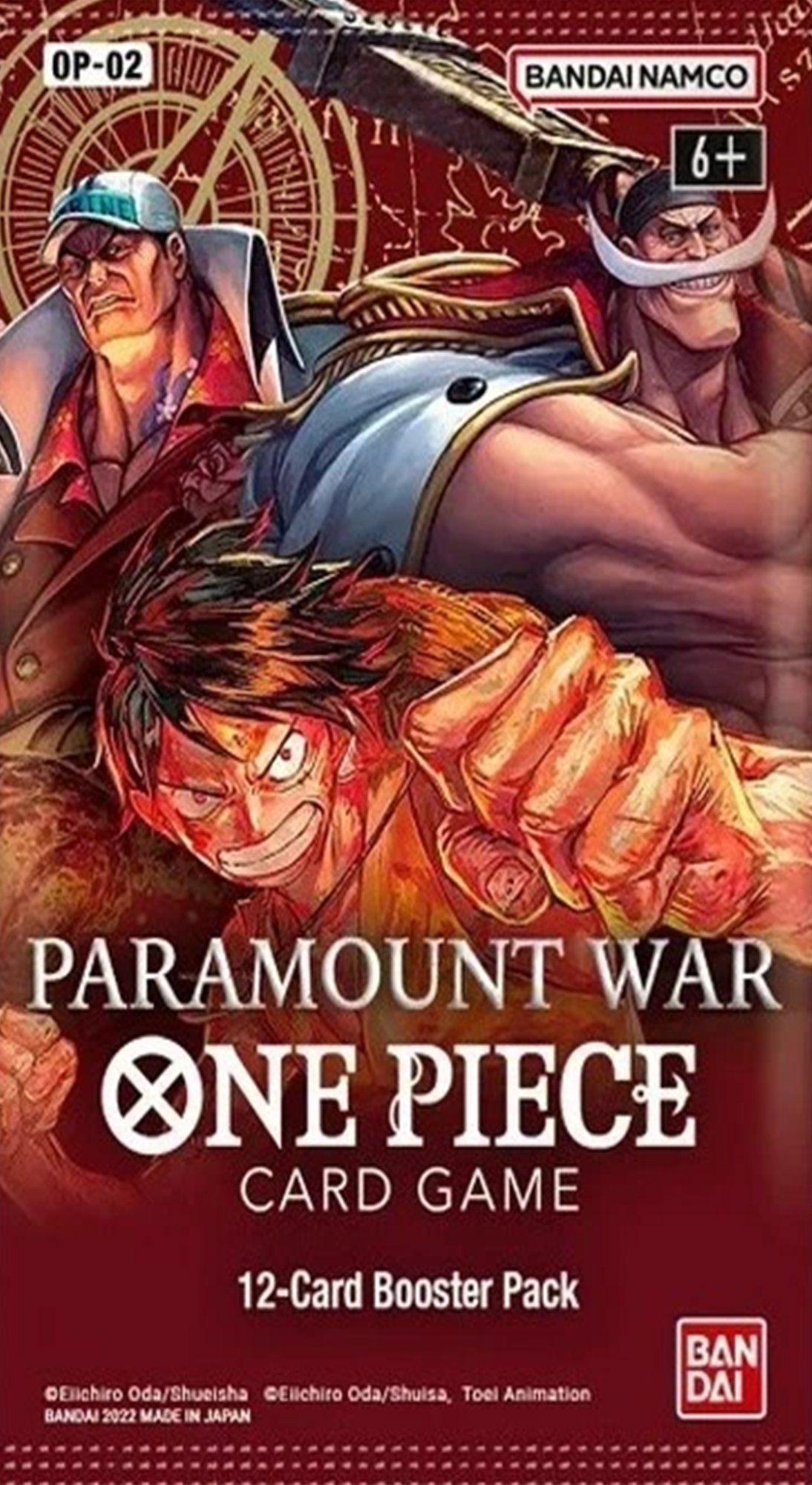 One Piece TCG Paramount War Booster Pack (English Version) by BANDAI NAMCO featuring collectible pirate cards, rare abilities, and dynamic battle artwork.