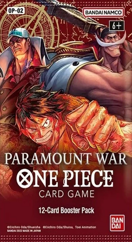One Piece TCG Paramount War Booster Pack (English Version) by BANDAI NAMCO featuring collectible pirate cards, rare abilities, and dynamic battle artwork.