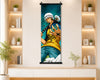 A vertical wall scroll poster featuring the anime character Trafalgar Dorei from One Piece, displayed on a beige wall in a modern room setting with built-in shelves and plants.