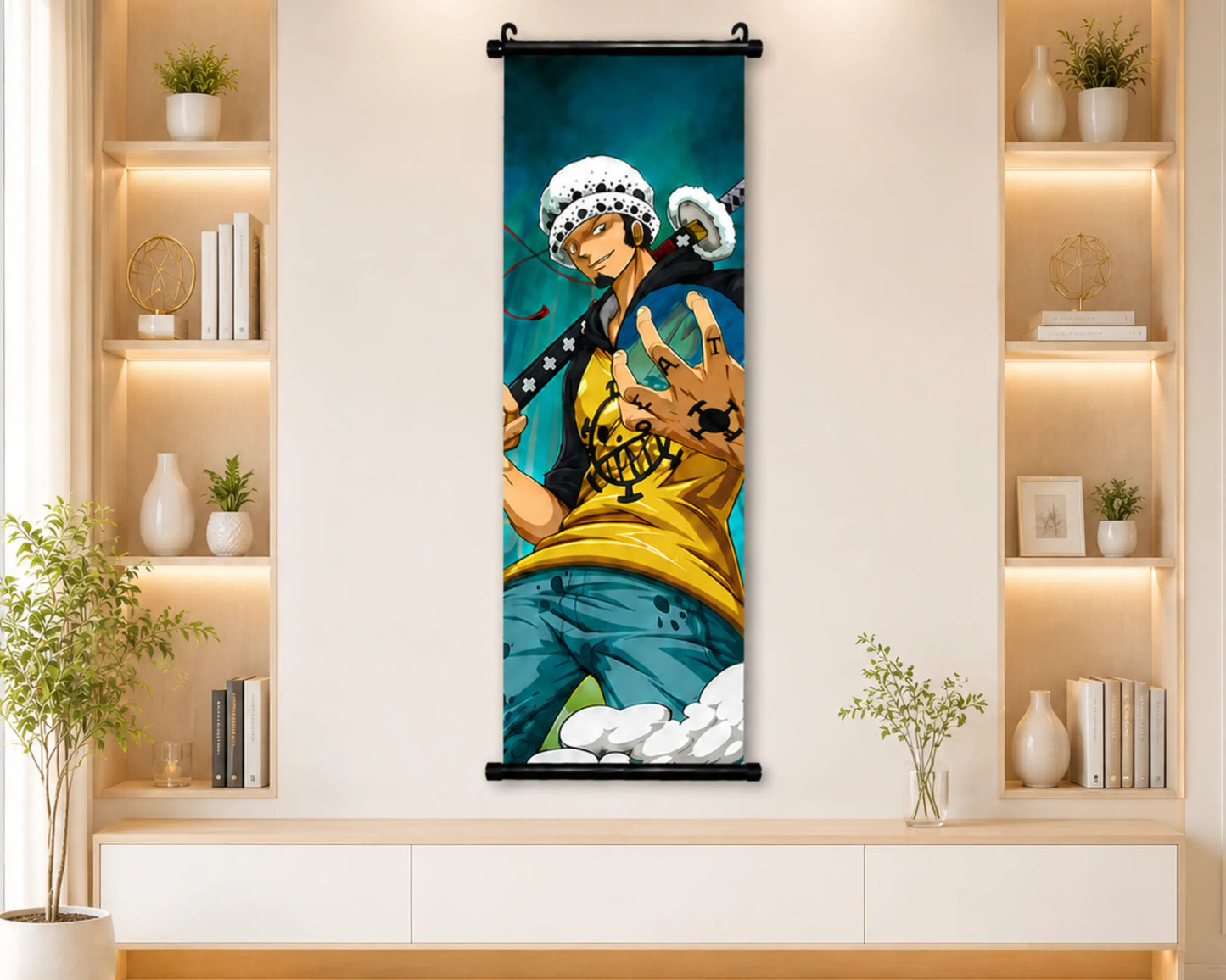 A vertical wall scroll poster featuring the anime character Trafalgar Dorei from One Piece, displayed on a beige wall in a modern room setting with built-in shelves and plants.