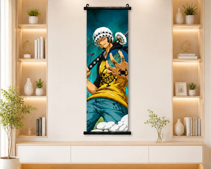 A vertical wall scroll poster featuring the anime character Trafalgar Dorei from One Piece, displayed on a beige wall in a modern room setting with built-in shelves and plants.