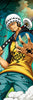 Anime-style illustration of a male character in a white skull-patterned hat, yellow vest, and teal pants, holding a sword in a forest setting.