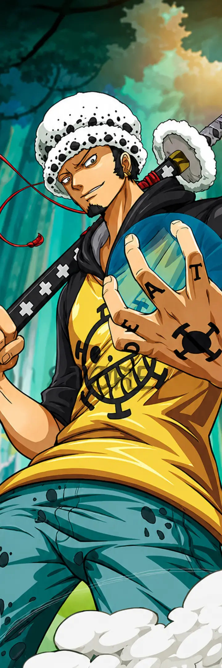 Anime-style illustration of a male character in a white skull-patterned hat, yellow vest, and teal pants, holding a sword in a forest setting.