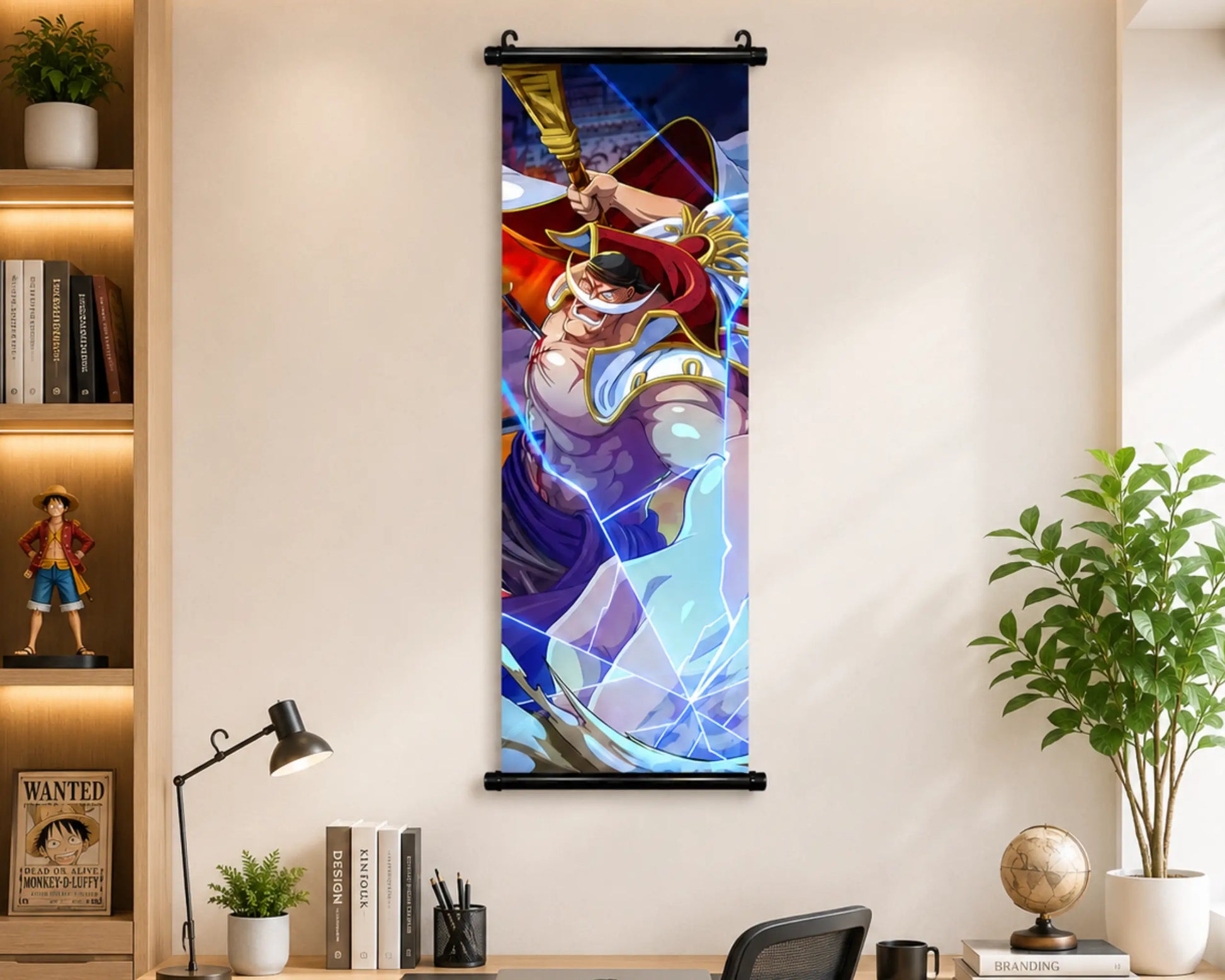 One Piece anime artwork featuring Whitebeard in his iconic white captain’s coat, holding his bisento amid intense flames, energy effects, and the Whitebeard Pirates emblem in the background.