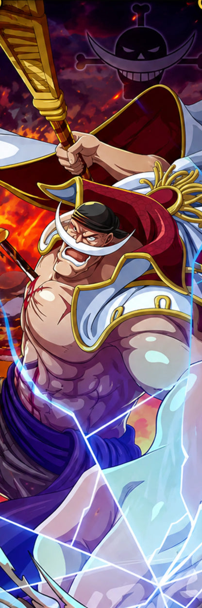 A stylized anime character illustration featuring a muscular man in a red and white pirate hat with gold trim, holding a sword, with lightning effects and a dark fiery background. The One Piece logo is visible in the upper background.