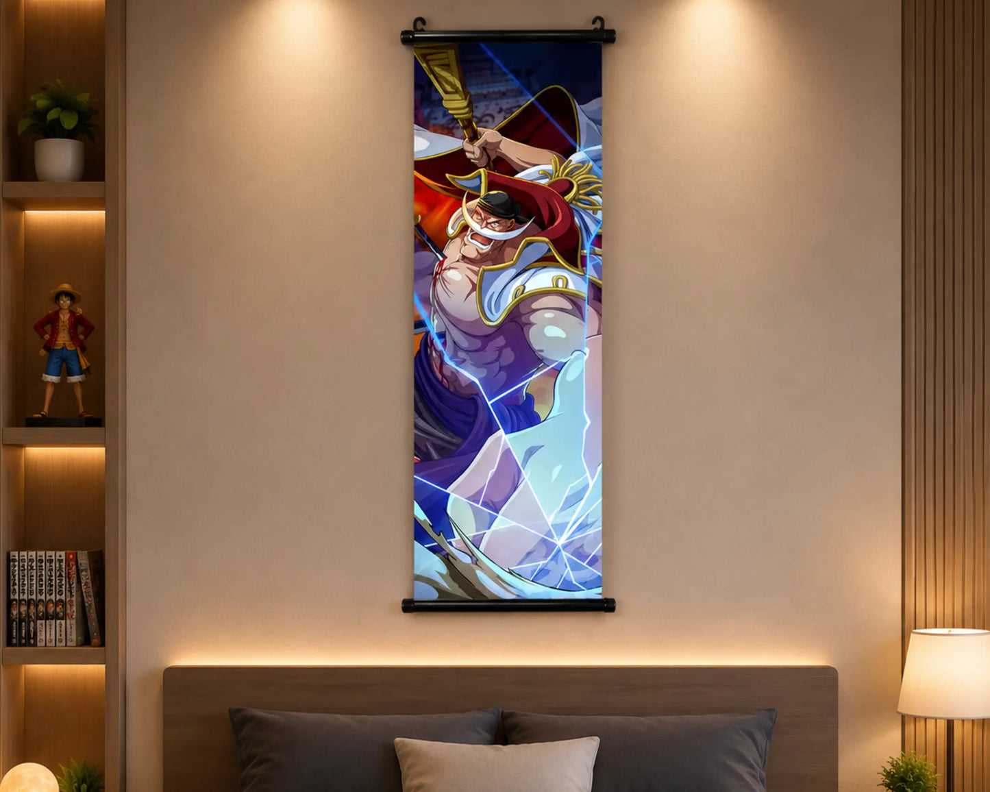 A vertical anime wall scroll featuring a colorful character illustration, hanging on a beige wall above a bed in a modern bedroom setting with warm lighting.