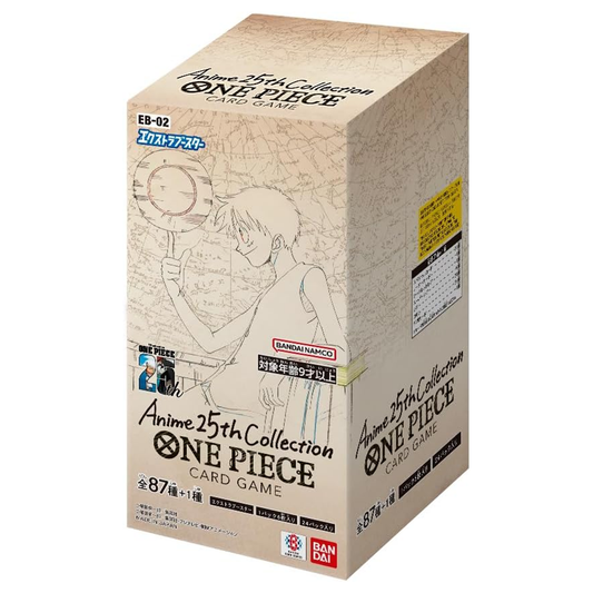 Card game box for 'One Piece' anime 25th collection on a beige background