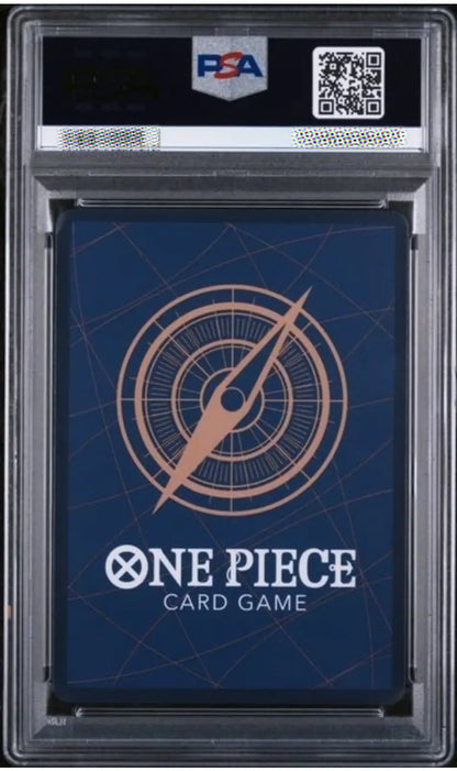 PSA graded One Piece Card Game deck box inside a clear PSA slab, showing a dark blue box with a compass design and white One Piece branding.