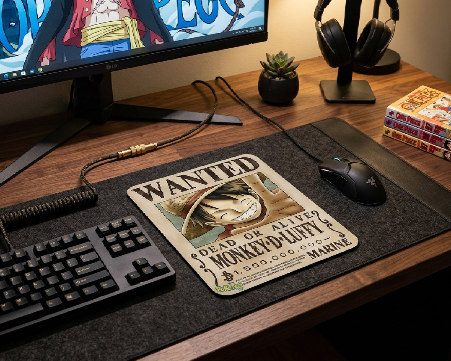 One Piece inspired gaming desk featuring Monkey D. Luffy wanted poster mouse pad, RGB gaming mouse, mechanical keyboard, anime wallpaper monitor, and cozy modern desktop aesthetic