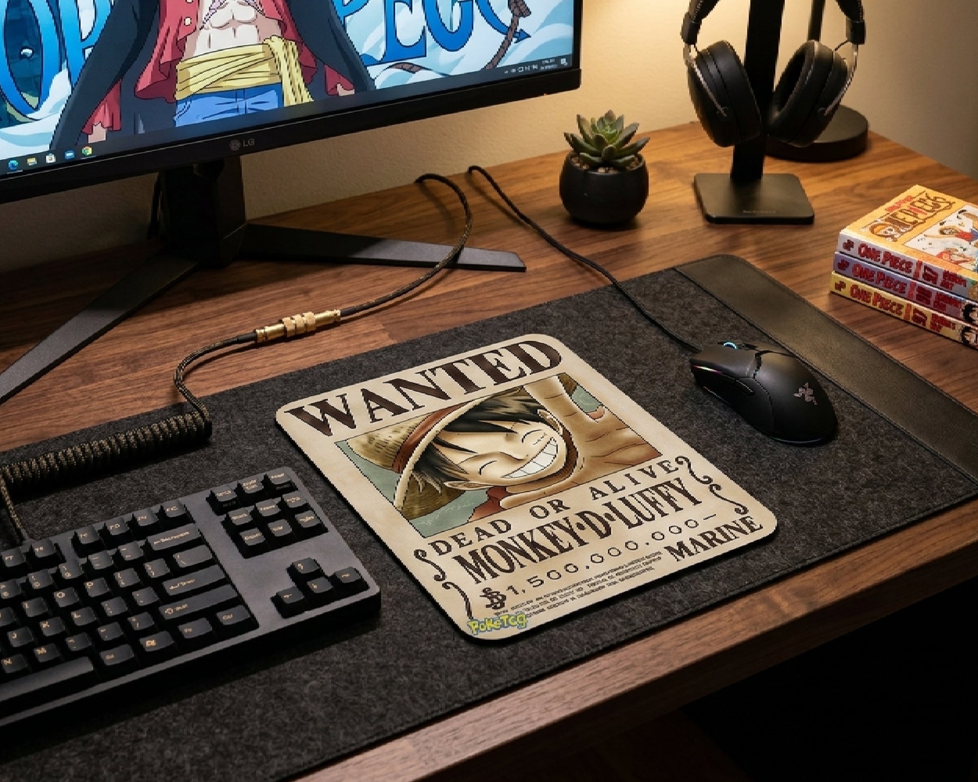 One Piece inspired gaming desk featuring Monkey D. Luffy wanted poster mouse pad, RGB gaming mouse, mechanical keyboard, anime wallpaper monitor, and cozy modern desktop aesthetic